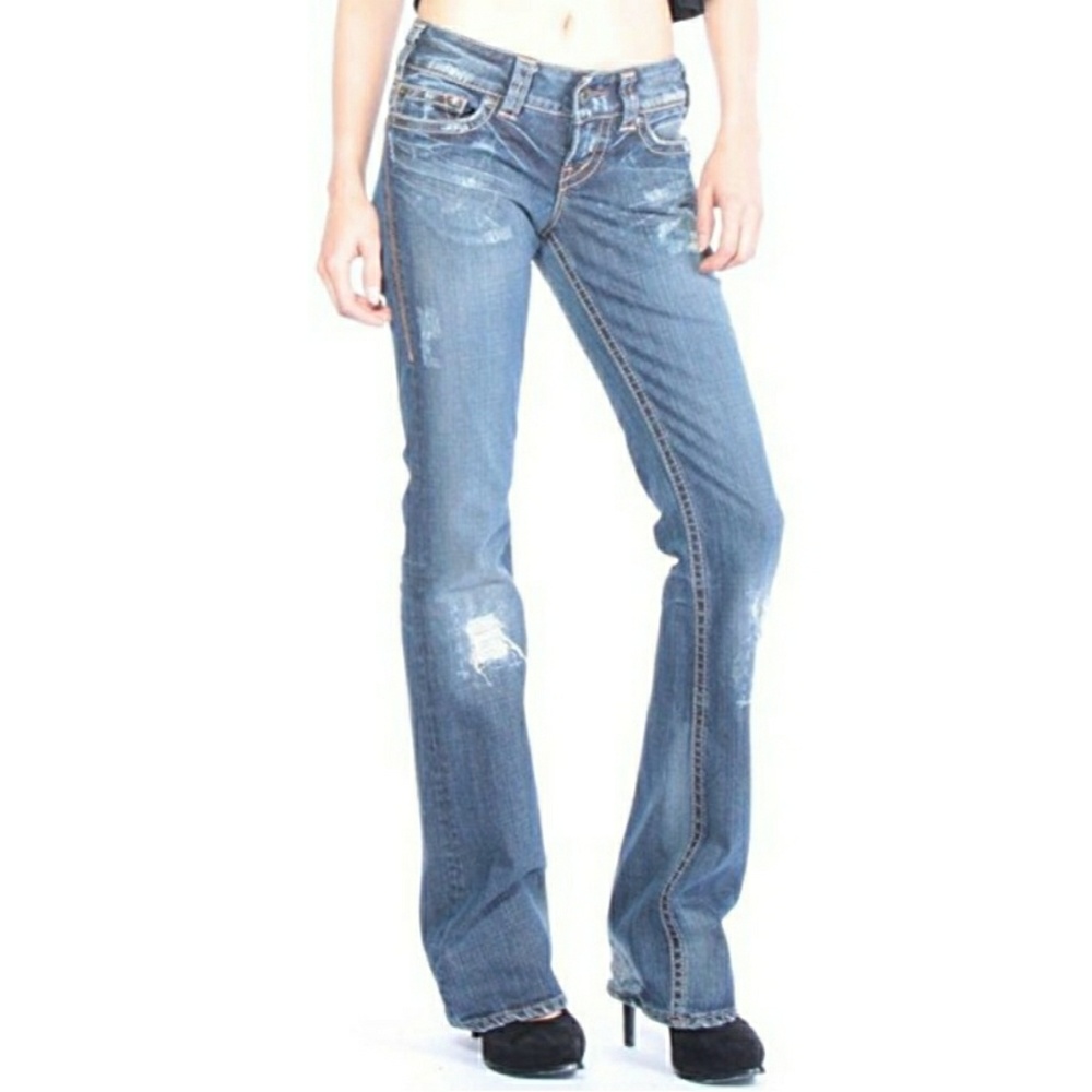1921 straight leg decorated, distressed and patched jeans EUC